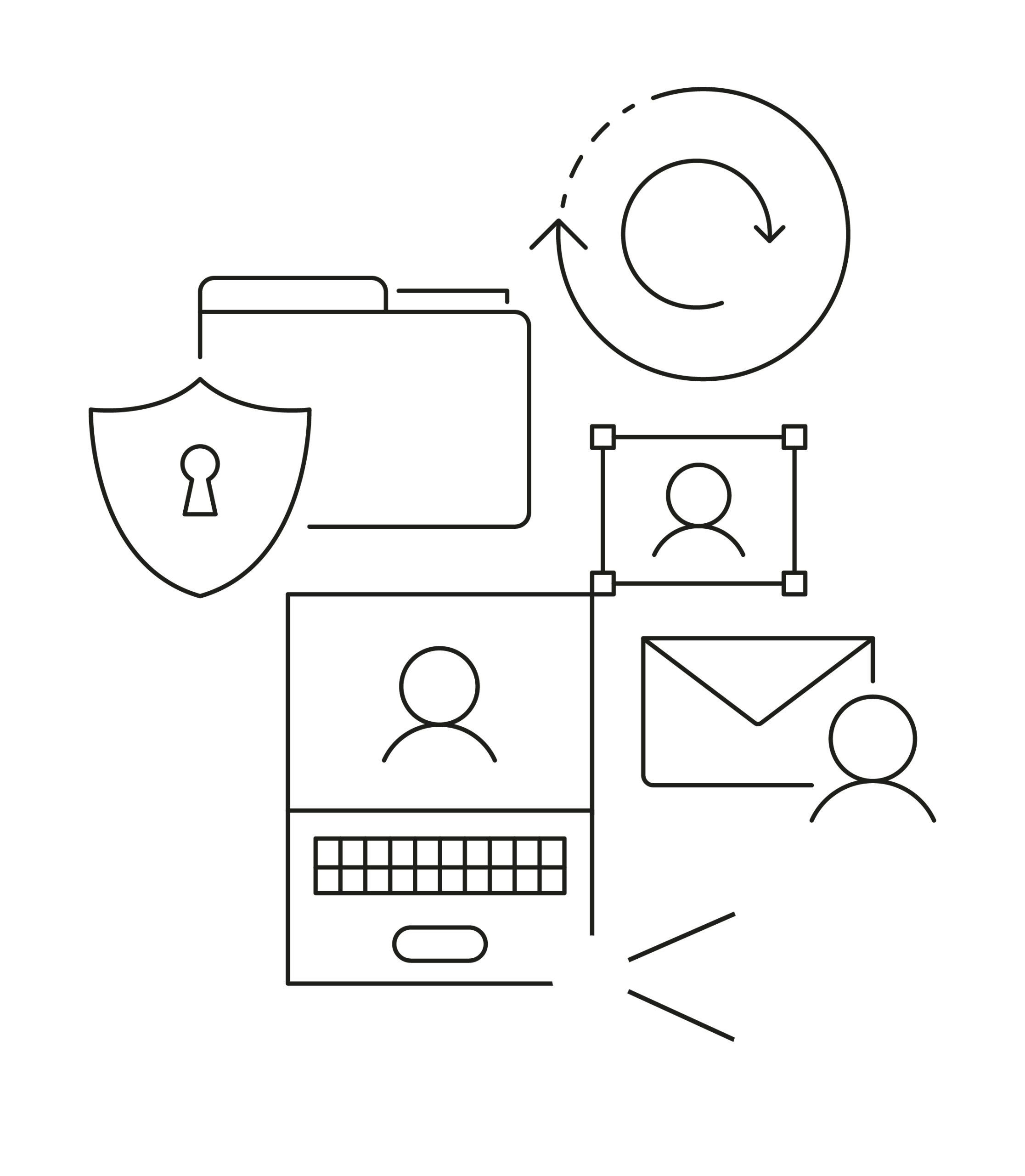 Illustration of a laptop, security, email and network icons