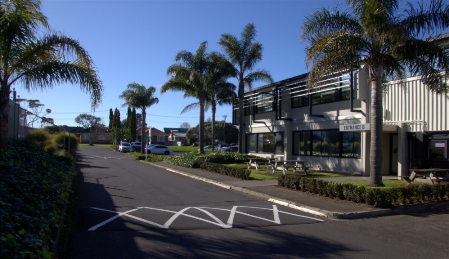 Entrance B of the office building, with palm trees and picnic tables outside